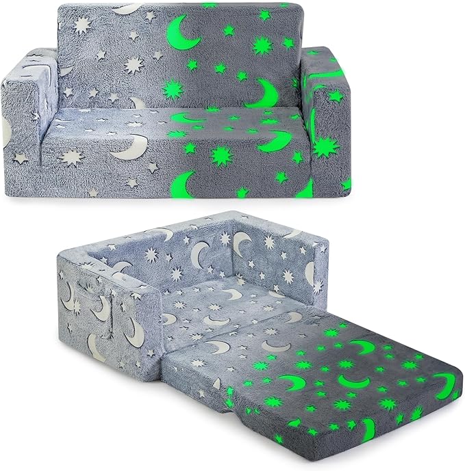 Toddler Couch, Toddler Chair Folding, Kids Couch 2 in 1, Kids Sofa for Playroom-Extra Soft 2 Seats, Glow in The Dark Open Couch, Gifts for Kids, Sleeper for Girls Boys, Grey Green