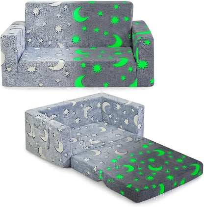 Toddler Couch, Toddler Chair Folding, Kids Couch 2 in 1, Kids Sofa for Playroom-Extra Soft 2 Seats, Glow in The Dark Open Couch, Gifts for Kids, Sleeper for Girls Boys, Grey Green