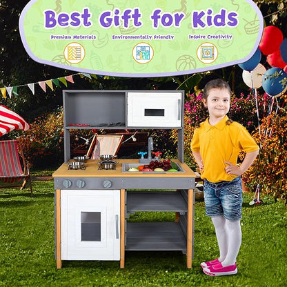 Outdoor Mud Kitchen Playset,Wooden Pretend Play Kitchen w/Water Box & Faucet,Kitchenware, Stove,Play Sink,Storage Shelves,Backyard Garden Worktop Toy Toddler Kitchen for Boys and Girls Ages 3-8