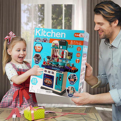 Kids Kitchen Playset-53pcs Cooking Stove,Paly Sink,Oven,Kitchen Toys with Realistic Lights&Sounds，Pretend Play Toys,Kitchen Toys for Toddler 1 2 3(Blue)