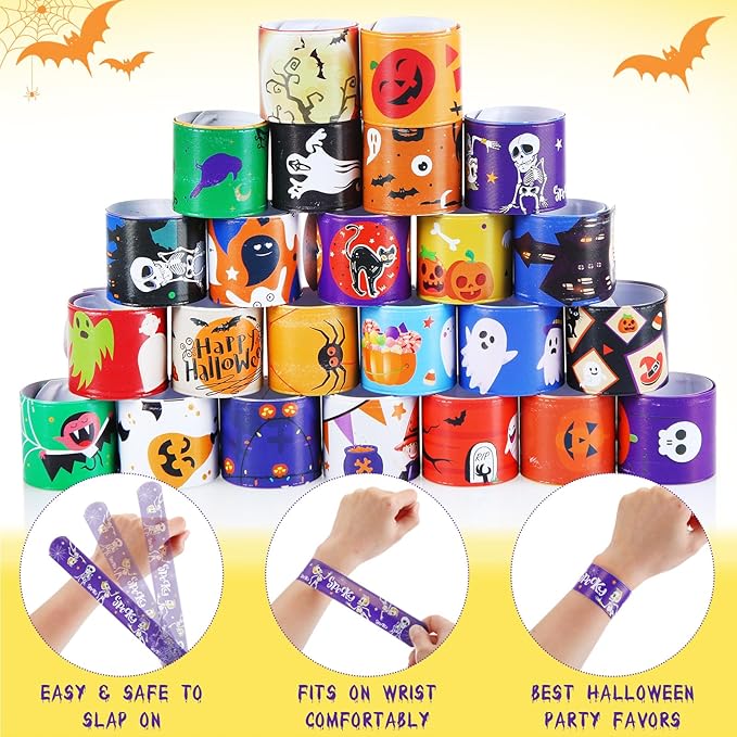 Liliful 240 Pcs Halloween Slap Bracelets Bulk for Kids Halloween Snap Bracelets Decor 24 Styles Halloween Wristbands Bags Filler Halloween Party Favor