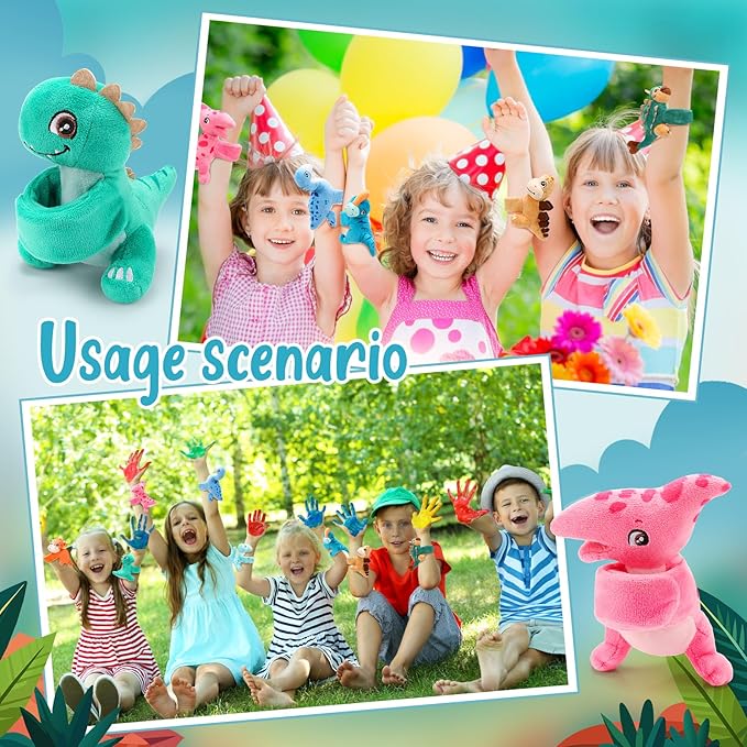 Liliful 8 Pack Kids Valentine's Day Gifts Stuffed Animal Cat Slap Bracelets, Valentines 8 Inch Plush Wrist Cute Snap Bracelets Birthday for Boys Girls Child Bulk Items Party Favors(Dinosaur)