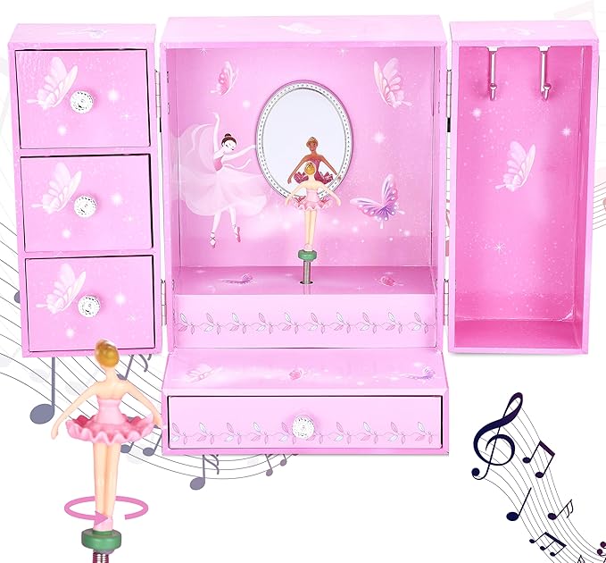 Jewelkeeper Large Jewelry Organizer Box - Musical Spinning Figure - Two-Door Accessories Organizer with 4 Drawers, 2 Hooks - Wood Storage for Rings, Necklaces, Earrings - Pink - 8.3"x6"x4.7"