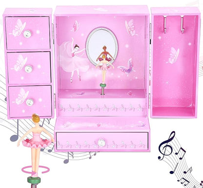 Jewelkeeper Large Jewelry Organizer Box - Musical Spinning Figure - Two-Door Accessories Organizer with 4 Drawers, 2 Hooks - Wood Storage for Rings, Necklaces, Earrings - Pink - 8.3"x6"x4.7"