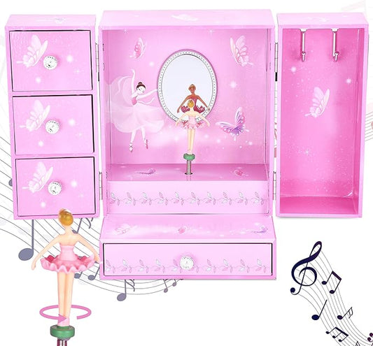 Jewelkeeper Large Jewelry Organizer Box - Musical Spinning Figure - Two-Door Accessories Organizer with 4 Drawers, 2 Hooks - Wood Storage for Rings, Necklaces, Earrings - Pink - 8.3"x6"x4.7"