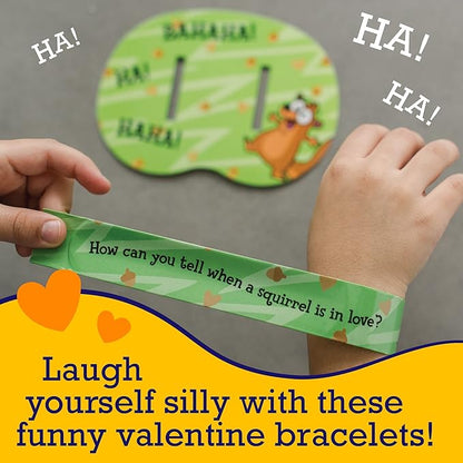 Peaceable Kingdom Valentines Cards for Kids Classroom, Set of 28 Valentines Day Gifts - Jokes Slap Bracelets