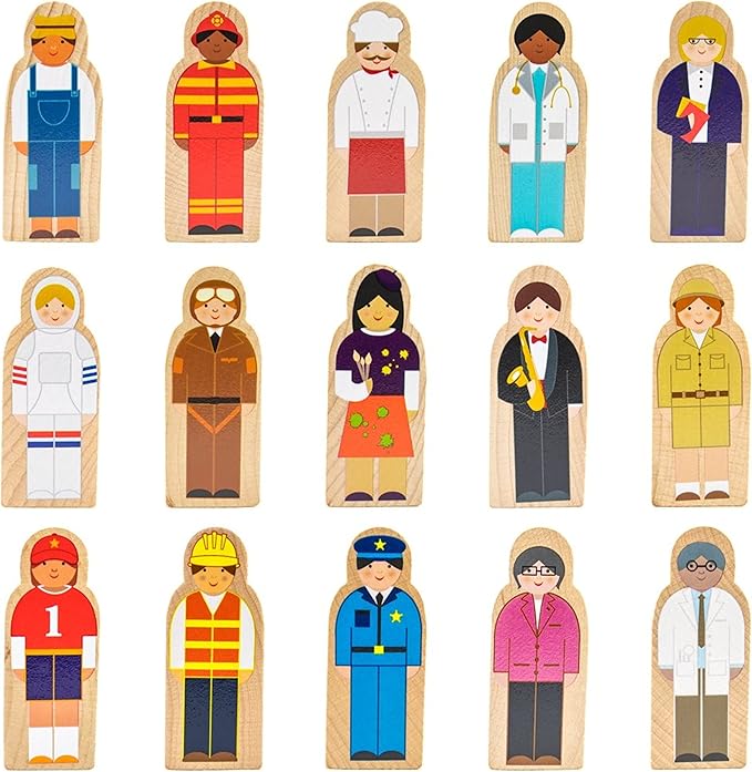 Little Professionals Wooden Character Set - Cute Wood Block People Toys for Kids & Toddlers - Open Ended STEM Pretend Play & Educational Games for Children, Boys & Girls (15-Pieces)
