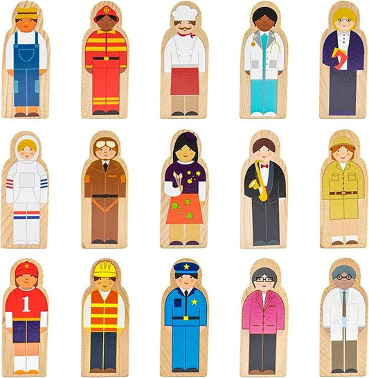 Little Professionals Wooden Character Set - Cute Wood Block People Toys for Kids & Toddlers - Open Ended STEM Pretend Play & Educational Games for Children, Boys & Girls (15-Pieces)
