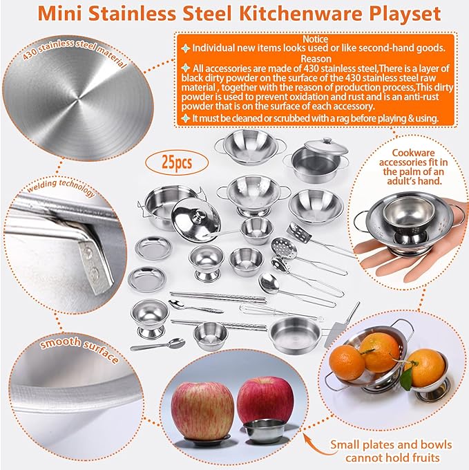 Tiny Classic Stainless Steel Kitchen Toys Cooking Utensils Set-Pretend Play Pots Pans Toy Cookware Kits for Kids Cooking Utensil Set Interactive Learning Role Play Educational Toys for Kids Mini Size