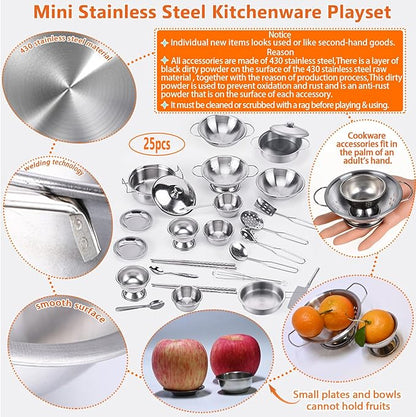 Tiny Classic Stainless Steel Kitchen Toys Cooking Utensils Set-Pretend Play Pots Pans Toy Cookware Kits for Kids Cooking Utensil Set Interactive Learning Role Play Educational Toys for Kids Mini Size