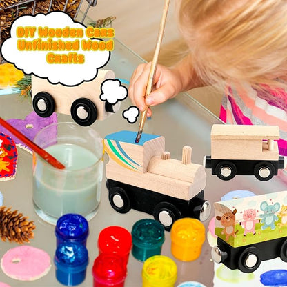 12 Pcs Wooden Trains Toys Unpainted Wood Train Cars Weak Magnetic Suction Paintable Wooden Railway for Kids Educational Toys Birthday Christmas Party Gifts (Style Set 3)