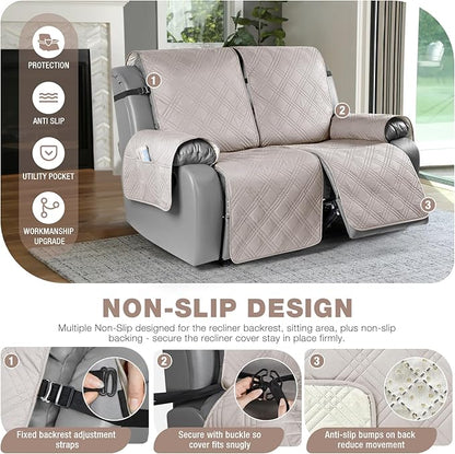 TAOCOCO 100% Waterproof Oversized Loveseat Recliner Cover, Non Slip Split Loveseat Covers for Reclining Loveseat with Elastic Straps for Kids Pets(Oversized 2 Seater, Cream)