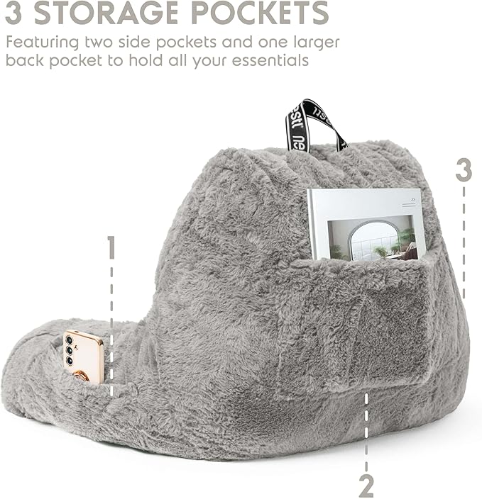 Nestl Fur Reading Pillow, Stylish Back Pillow for Bed Sitting Up, Faux Fur Bed Chair Pillow with Arms, Reading Pillows for Sitting in Bed Adult & Kids, Sit Up Back Support Pillow for Bed Rest - Grey