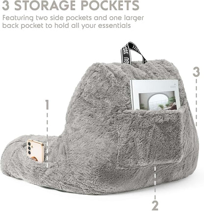 Nestl Fur Reading Pillow, Stylish Back Pillow for Bed Sitting Up, Faux Fur Bed Chair Pillow with Arms, Reading Pillows for Sitting in Bed Adult & Kids, Sit Up Back Support Pillow for Bed Rest - Grey