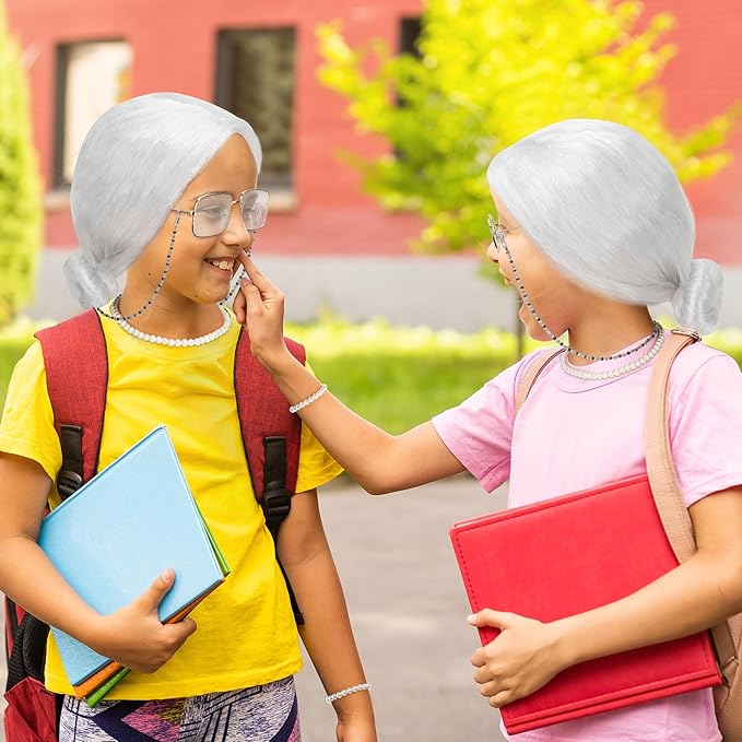 100th Day of School Costume, Old Lady Cosplay White Bun Wig Glasses Wig Cap Pearl Necklace Bracelet Props for Kids Girls