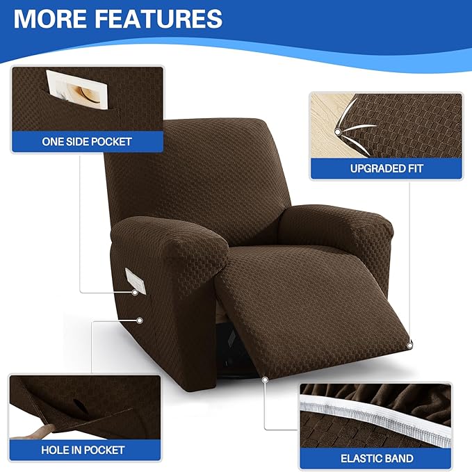 MAXIJIN Latest Recliner Slipcovers for Living Room 4 Pieces Stretch Jacquard Recliner Chair Cover Soft Fitted Recliner Protector with Elastic Bottom for Kids, Pets (Recliner, Dark Coffee)