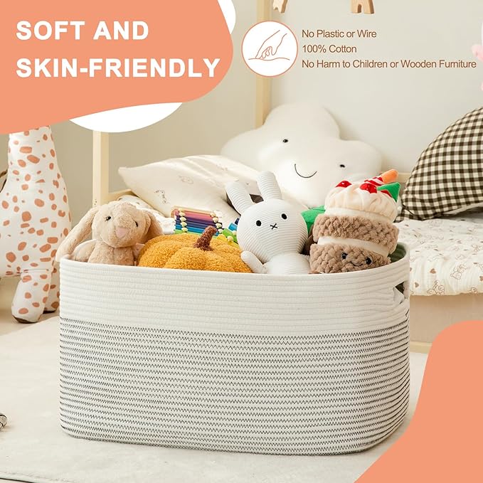 75L Large Cotton Rope Basket, Soft Toy Storage Bin for Nursery & Living Room, Decorative Blanket Basket for Bedroom, Baby-Safe Organizer for Pillows &Laundry, 22''×17''×12'', Black & White