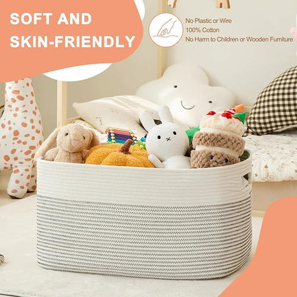 75L Large Cotton Rope Basket, Soft Toy Storage Bin for Nursery & Living Room, Decorative Blanket Basket for Bedroom, Baby-Safe Organizer for Pillows &Laundry, 22''×17''×12'', Black & White