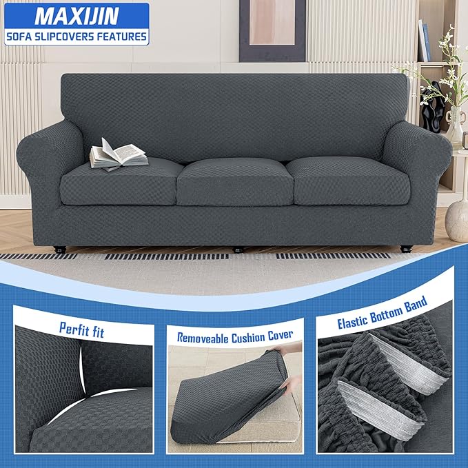 MAXIJIN 4 Piece Couch Covers for 3 Cushion Couch Super Stretch Non Slip Couch Cover for Dogs Pet Friendly Elastic Jacquard Furniture Protector Sofa Slipcovers (Sofa, Dark Gray)