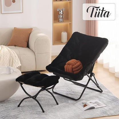 Tiita Saucer Chair with Ottoman, Soft Faux Fur Oversized Folding Accent Chair,Lounge Lazy Chair, Metal Frame Moon Chair for Bedroom, Living Room, Dorm Rooms, Garden and Courtyard