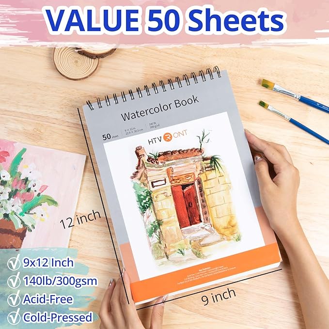 HTVRONT Watercolor Paper 9x12 Inch - 50 Sheets Watercolor Pad, 140 lb/300 GSM Cold Press Watercolor Paper Pad, Spiral Bound for Full Spread & Sturdy Use, Ideal for Wet & Dry Media