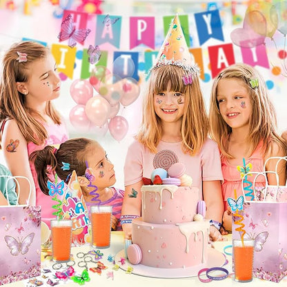144 Pcs Butterfly Party Favors Set with Butterfly Straws Keychains Slap Bracelet Tattoo Stickers Wristbands Hair clips Goodie Bags Butterfly Party Supplies Butterfly Birthday Decorations