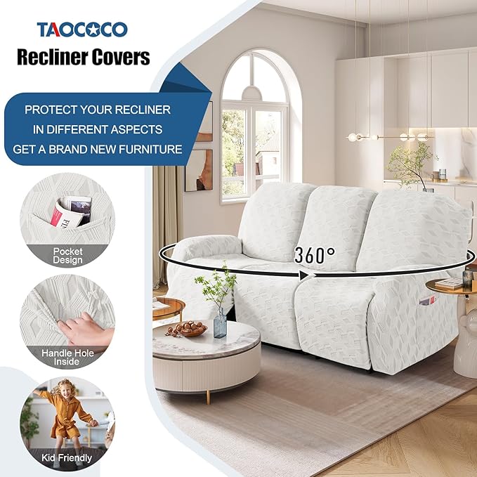 TAOCOCO Recliner Sofa Covers Stretch Reclining Couch Cover, Jacquard Recliner Couch Cover for 3 Seat Furniture Protector Sofa Slipcovers with Elastic Bottom for Kids, Pets (Cream White)