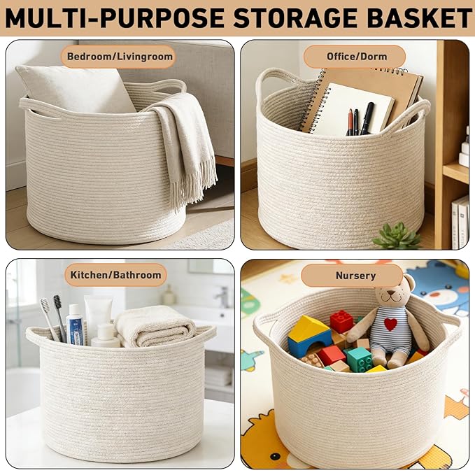 65L Large Woven Cotton Rope Blanket Basket with Handles, Laundry Hamper Storage Bin for Pillows, Comforters,Clothes, Toys, Nursery, Bedroom and Living Room Organization,White