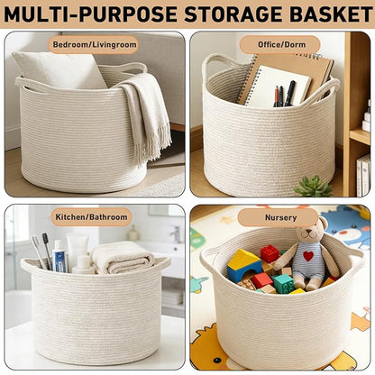65L Large Woven Cotton Rope Blanket Basket with Handles, Laundry Hamper Storage Bin for Pillows, Comforters,Clothes, Toys, Nursery, Bedroom and Living Room Organization,White
