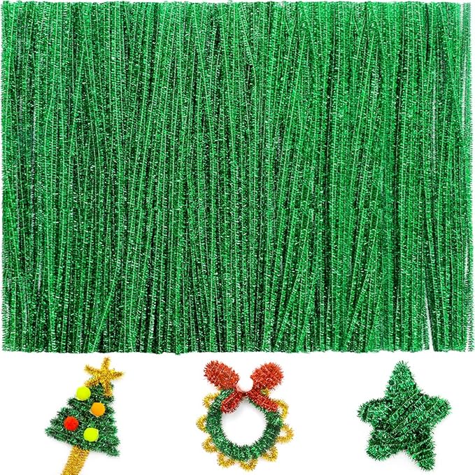 Iooleem 200pcs Green Glitter Pipe Cleaners, Glitter Chenille Stems, Pipe Cleaners for Crafts, Pipe Cleaner Crafts, Art and Craft Supplies, Christmas Pipe Cleaners.