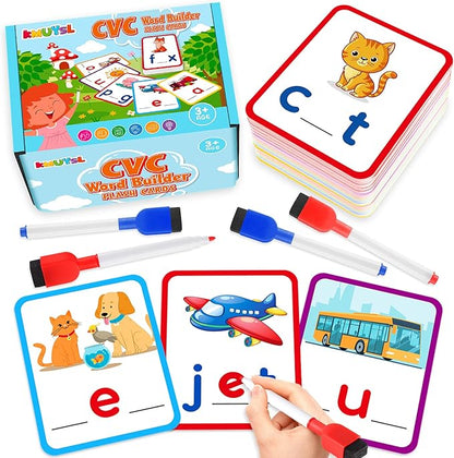 KMUYSL Learning Toys for 2 3 4 5 Years Olds Boys Girls, Short Vowel Spelling Flashcards, CVC Sight Words Handwriting Cards, Learn to Write Phonics Flash Cards, Presschool Educational Toy for Kids