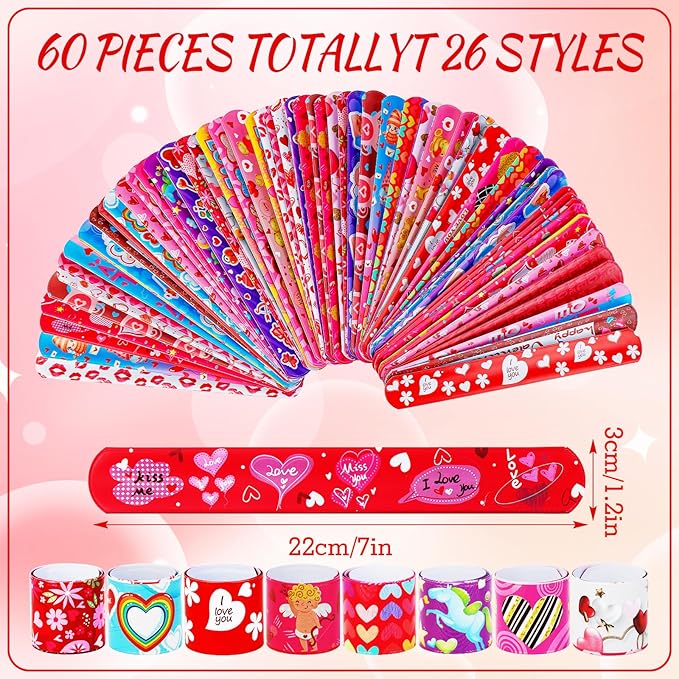LUYI 60 Pcs Valentines Day Slap Bracelets Wristbands Valentines Day Gifts for Kids Party Supplies Toys School Class Classroom Exchange Birthday Game Prizes Goodie Bag Fillers