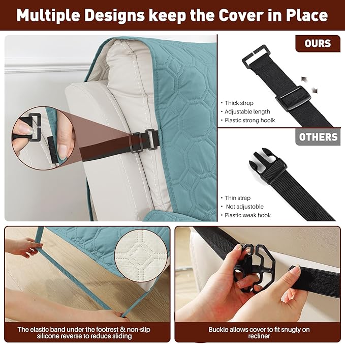 XINEAGE 100% Waterproof Recliner Chair Cover, Non Slip Covers for Recliner Chair with Pocket, Washable Dog Recliner Couch Cover with Elastic Straps (Light Blue, 23.6")