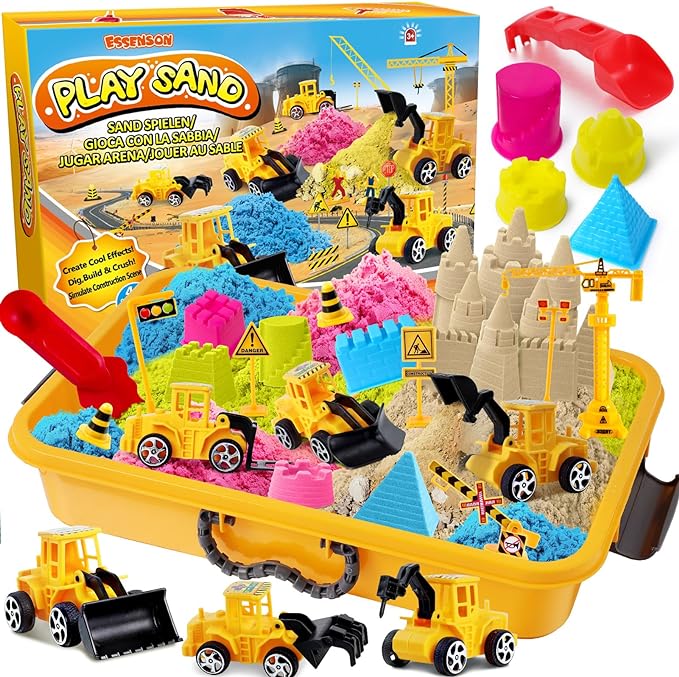 ESSENSON Sensory Bin - Play Sand Kit with Construction Set Toy Truck and 4lbs Magical Sand, Pretend Play Beach Sensory Toy Sandbox, Kids Gifts for Girls and Boys