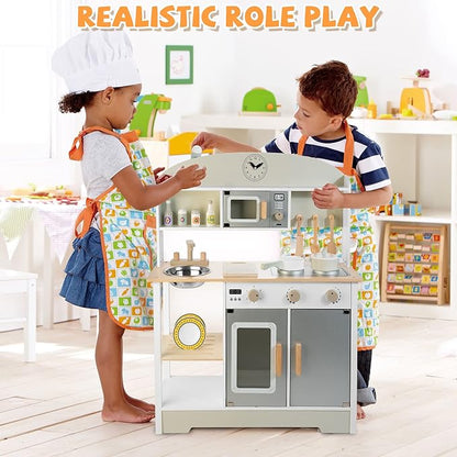 Wooden Kitchen Set for Kids, Realistic Pretend Play Kitchen Utensils Encourage Interaction for Toddlers, Simulated Kitchen Toys Set for Boys Girls Age 3+