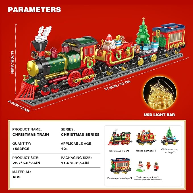 Christmas Train Building Blocks for Kids, Christmas Train 2024 Collectible Holiday Building Block Home Decor with Light, Tabletop for Boys, Girls and Adults, 1588Pcs