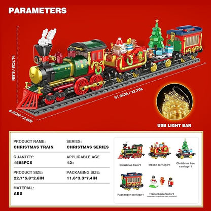 Christmas Train Building Blocks for Kids, Christmas Train 2024 Collectible Holiday Building Block Home Decor with Light, Tabletop for Boys, Girls and Adults, 1588Pcs