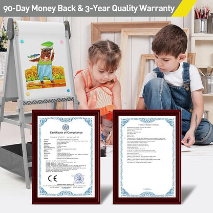FUNLIO Anti-Warping Kids Art Easel, 3 Height Adjustable for Kids Aged 3-8, All-in-One Toddler Easel with Paper Roll & Erasable Frame, Standing Easel with Magnetic Chalkboard/Whiteboard (Gray)