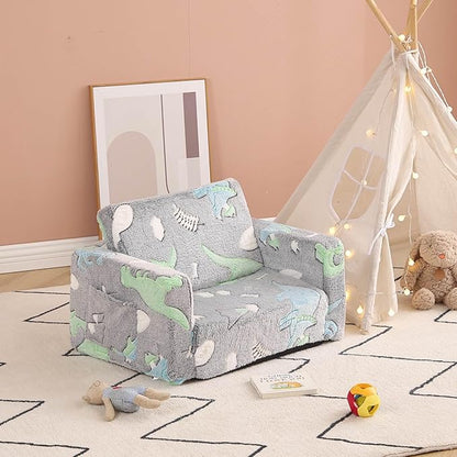 Tiita Kids Sofa, 2-in-1 Kids Sofa Chair, Convertible Toddler Couch to Lounger, Flip Out Baby Sofa Chair, Toddler Armrest Chair Bed, Folding Kids Play Sofa for Girl or Boy(Dark Grey Dinosaur)