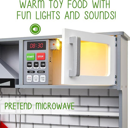 Lil' Jumbl Jumbl Kids Kitchen Set, Pretend Wooden Play Kitchen, Includes Range Hood, Microwave, Stove Top, Oven That Make Realistic Sound & Light, Pots, Pan, Cutting Board & Utensils Included,