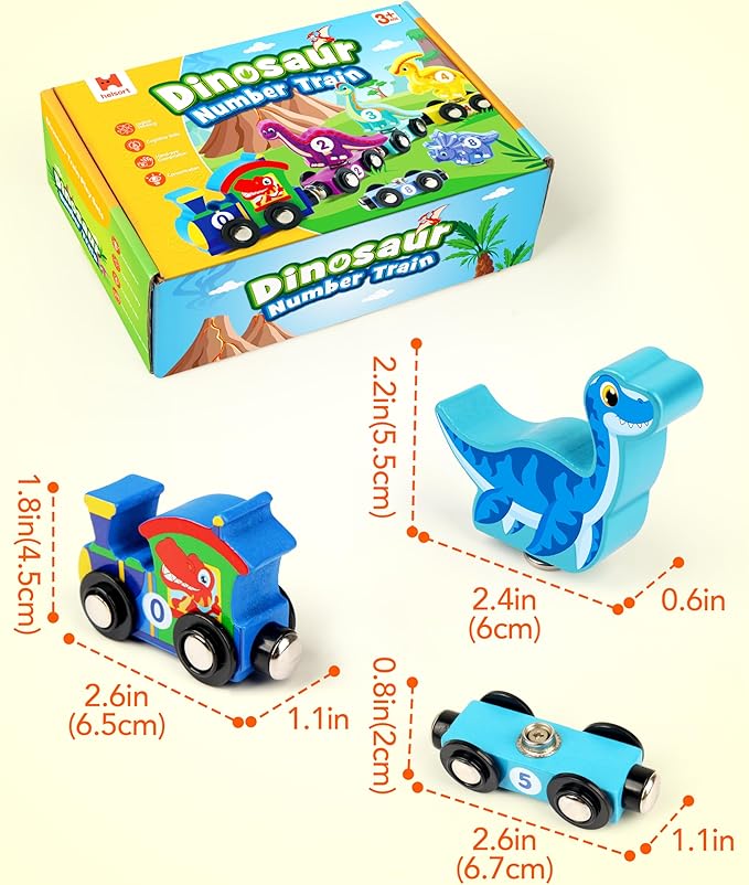 Wooden Dinosaur Train Set, Magnetic Dinosaur Toys and Number Train for Toddlers, Educational Montessori Toy for Counting and Motor Skills, for 3-5 Year Old Boys Girls