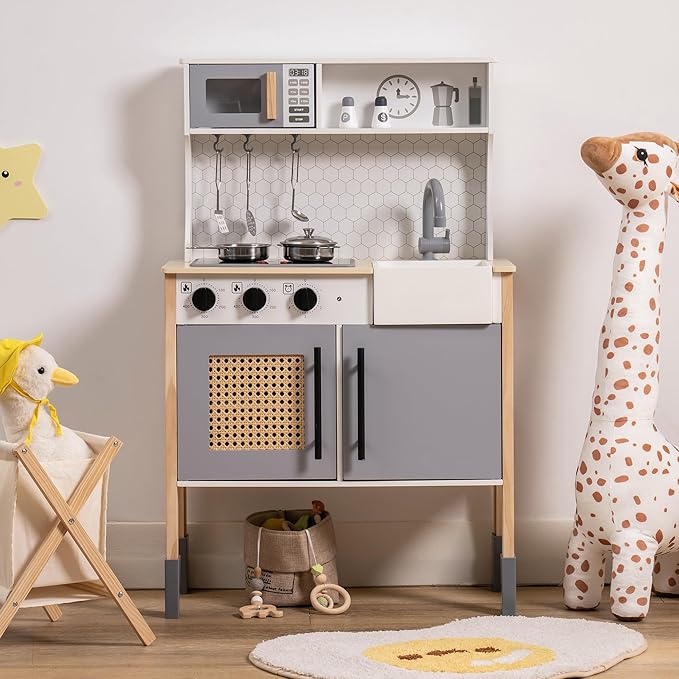 ROBOTIME Wooden Play Kitchen, Kids & Toddlers Kitchen Playset, Kids Play Kitchen Pretend Play Set with Lights & Sounds, Toy Kitchen for Ages 3+ (Gray)