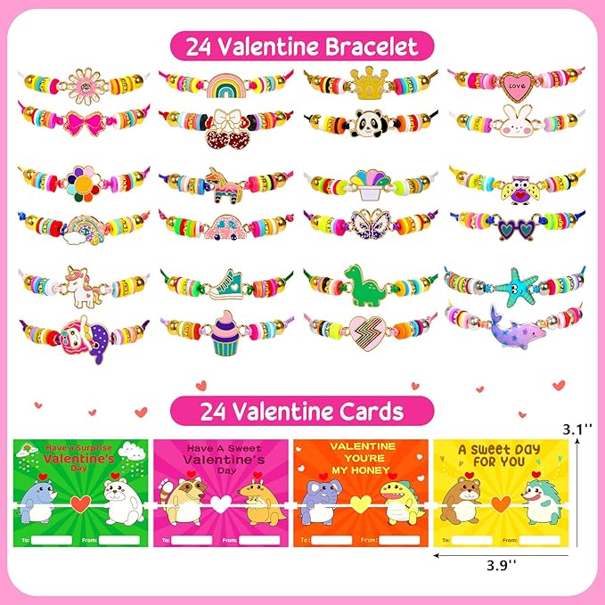 Valentines Day Cards Gifts for Kids 24 Friendship Bracelets Dinosaur Unicorn Bracelets Adjustable Play Jewelry Little Girls Classroom School Exchange Prizes For Boys Students Toddlers Party Faovr Bags