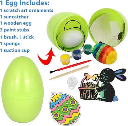 JOYIN 54 Pcs Easter Crafts Assortment Kit with Prefilled Easter Eggs Painting Kit Include Wooden Eggs, Suncatchers and Scratch Cards for Party Favor, Basket Stuffers Fillers