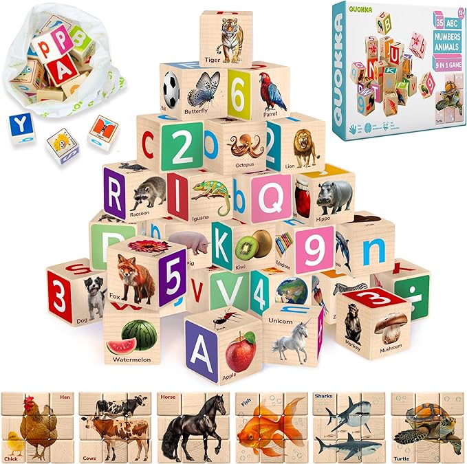 QUOKKA Montessori Wooden Blocks for Toddlers 1-3 - 35 Realistic ABC Learning Baby Blocks for Kids 3-5 Year Olds - Stacking Alphabet Wood Toys for 2-4 yo - Learn Letters Numbers