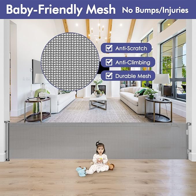 145 Inch Extra Wide Retractable Baby Gate for Large Openings Long Baby Gate Indoor Outdoor Mesh Baby Gate Retractable Gate Dog Gates for The House Extra Wide Retractable Dog Gate for Doorways, Gray