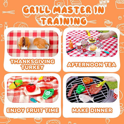 Kimiangel 47 PCS Kids Grill Playset, Interactive Kitchen Toy BBQ Grill Set with Sound & Light, Pretend Play Toy Outdoor Barbecue Cooking Kitchen Game Set Gift for Kids Boys Girls Ages 3+ Red