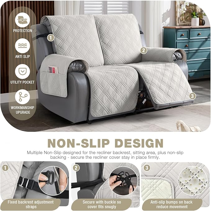 TAOCOCO 100% Waterproof Loveseat Recliner Cover with Straps, Split Loveseat Cover for Reclining loveseat, Non Slip Reclining Sofa Cover Furniture Protector for Kids, Pets(2 Seater, Off White)