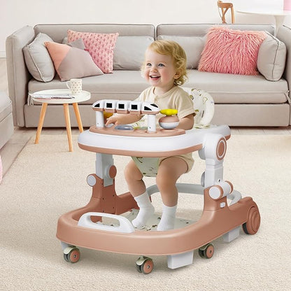 Baby Walker with Wheels, 4 in 1 Foldable Baby Walkers for Boys Girls 6-18 Months, 3 Level Height Adjustment with Bouncing, Feeding Tray & Music, Baby Walker with Activity Center, Toddler Push Walker