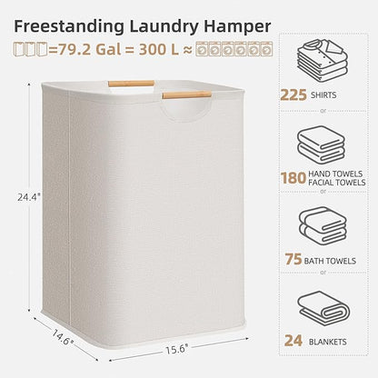 STORAGE MANIAC 3-Pack Large Laundry Hamper, 100L (26.4 Gal) Collapsible Laundry Basket with Bamboo Handles, Freestanding Waterproof Clothes Hamper for Laundry Room, Bedroom, Dorm, Towels, Toys, White